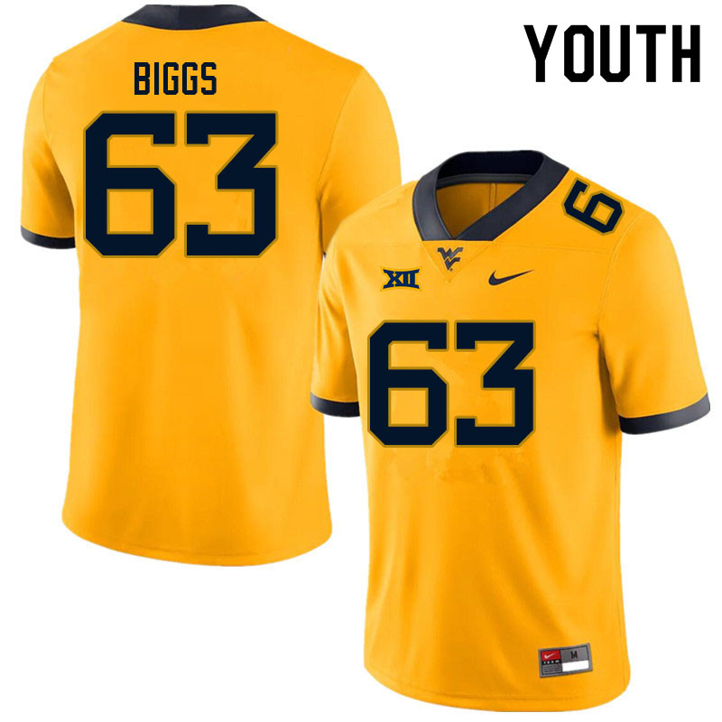 Youth #63 Bryce Biggs West Virginia Mountaineers College Football Jerseys Sale-Gold
